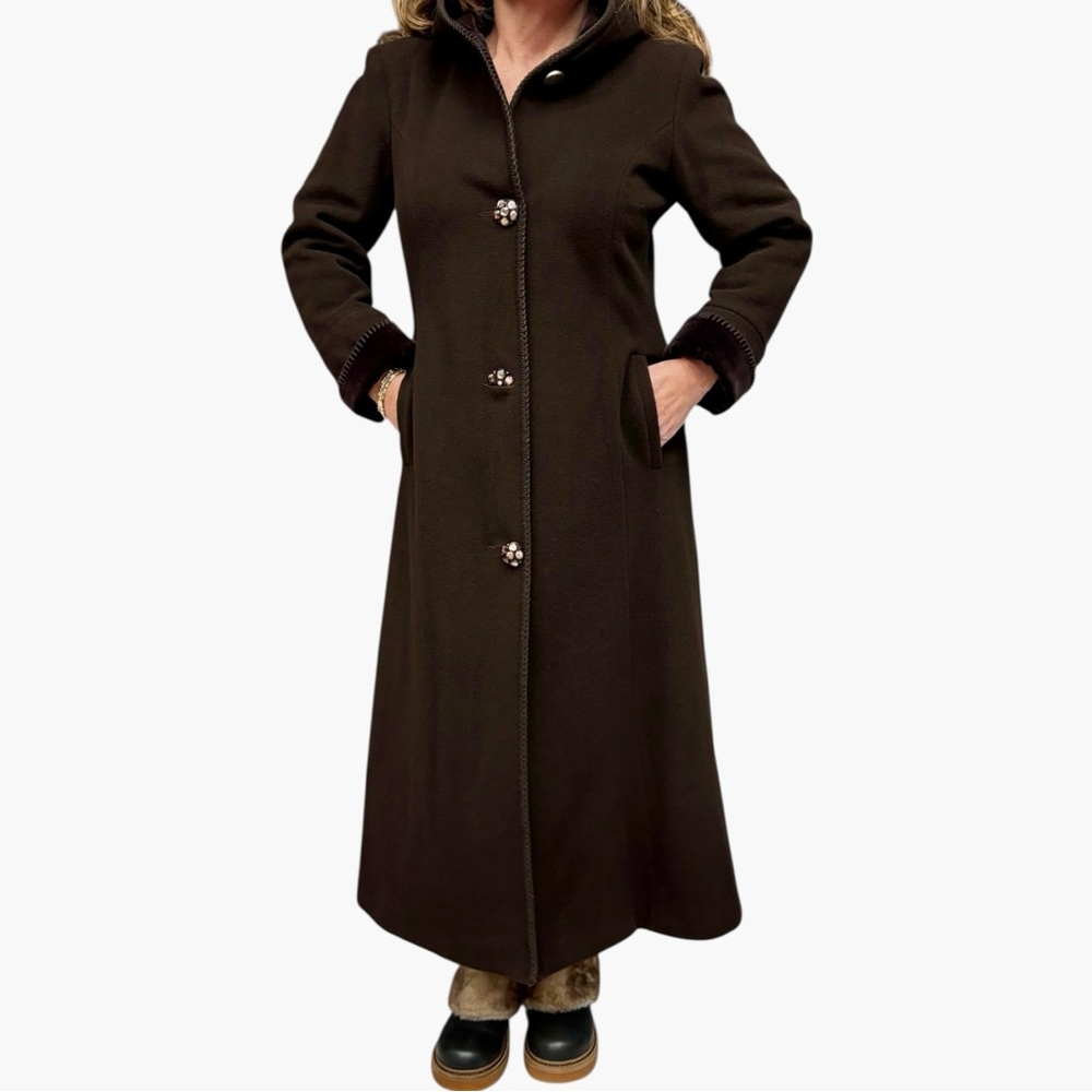 Vintage Albert Nipon Dark Brown Hooded Wool Long Winter Coat Velvet Trim Size 10 - Picture 6 of 11